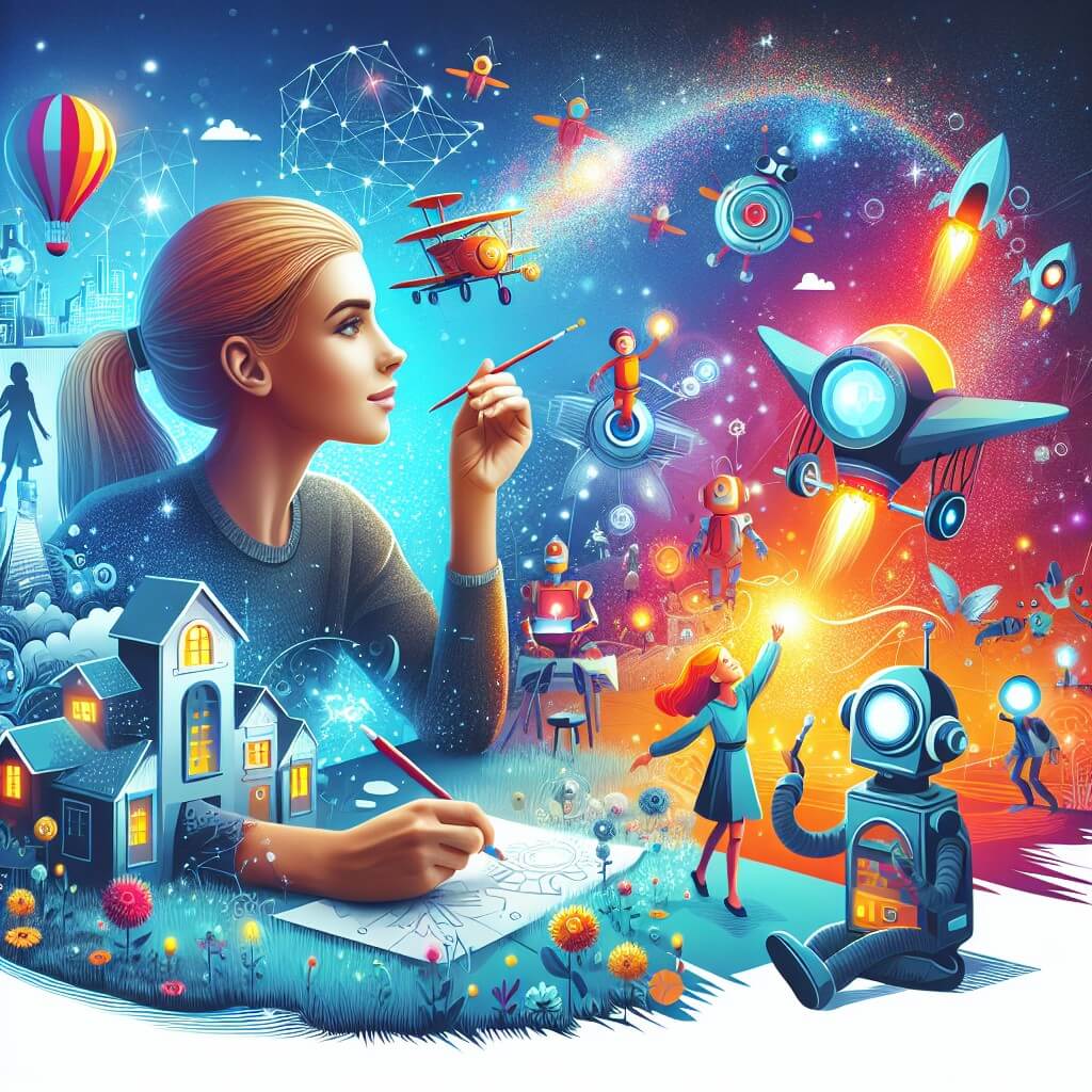 Une illustration destinée aux enfants représentant une femme passionnée et créative, entourée de machines volantes et de robots amicaux, explorant un monde fantastique rempli d'inventions étonnantes, dans un paysage lumineux et coloré parsemé de maisons construites par des robots et de voitures flottantes.