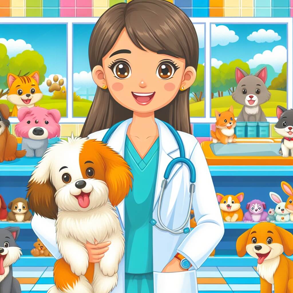 Une illustration destinée aux enfants représentant une femme vétérinaire passionnée, accompagnée d'un adorable chien, dans une clinique vétérinaire lumineuse et colorée, remplie d'animaux heureux et en bonne santé.
