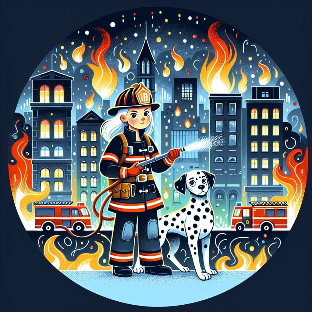 Une illustration destinée aux enfants représentant une femme pompier courageuse, accompagnée de son fidèle chien dalmatien, combattant un incendie dans une ville animée, avec des immeubles colorés et des flammes vives qui dansent dans le ciel sombre.