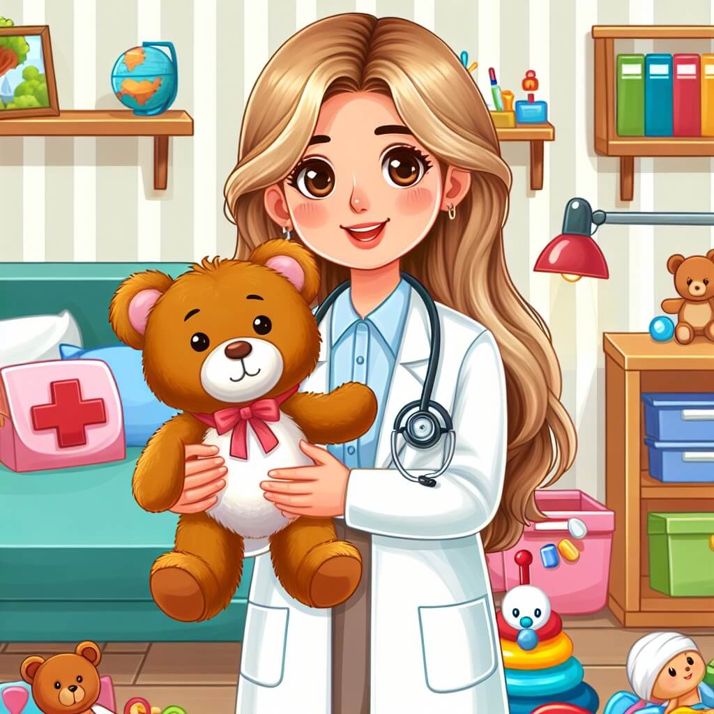 Une illustration destinée aux enfants représentant une femme médecin passionnée par son travail, accompagnée d'un adorable ourson en blouse blanche, dans une clinique colorée remplie de jouets et de livres médicaux, où elle aide ses amis à guérir et réalise son rêve de devenir médecin.