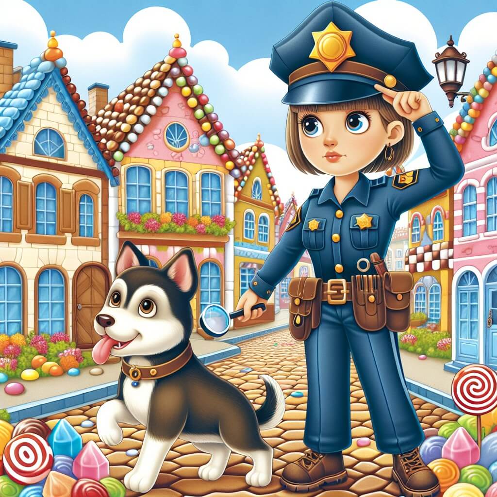 Une illustration destinée aux enfants représentant une femme policière courageuse et déterminée, résolvant des mystères avec l'aide de son fidèle chien Max, dans une petite ville colorée bordée de maisons en forme de bonbons et de rues pavées de chocolat.
