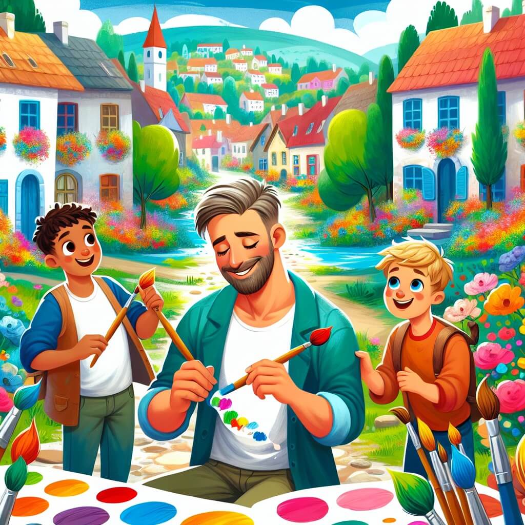 Une illustration destinée aux enfants représentant un homme rêveur, entouré de couleurs vives et de pinceaux, qui découvre son talent artistique avec l'aide de deux jeunes aventuriers dans un village pittoresque rempli de maisons colorées et de fleurs chatoyantes.