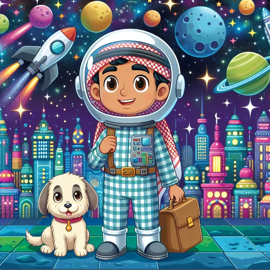 Une illustration destinée aux enfants représentant un jeune homme passionné par l'espace, qui rêve de devenir astronaute, accompagné de son fidèle chien, explorant une base spatiale futuriste nichée au cœur d'une vaste cité cosmique aux buildings scintillants et aux navettes spatiales colorées.