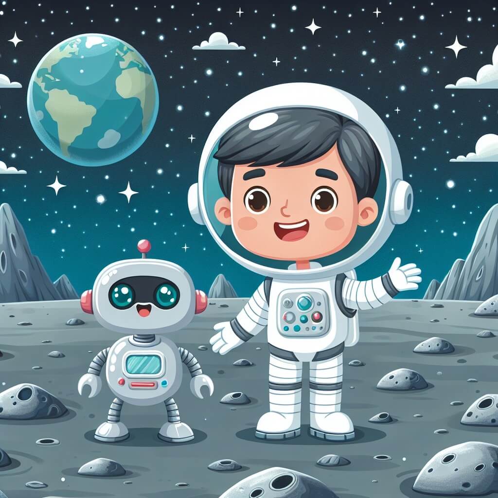 Une illustration destinée aux enfants représentant un astronaute joyeux, accompagné de son fidèle robot, explorant un paysage lunaire parsemé de cratères et de rochers argentés, avec la Terre brillant au loin dans le ciel étoilé.