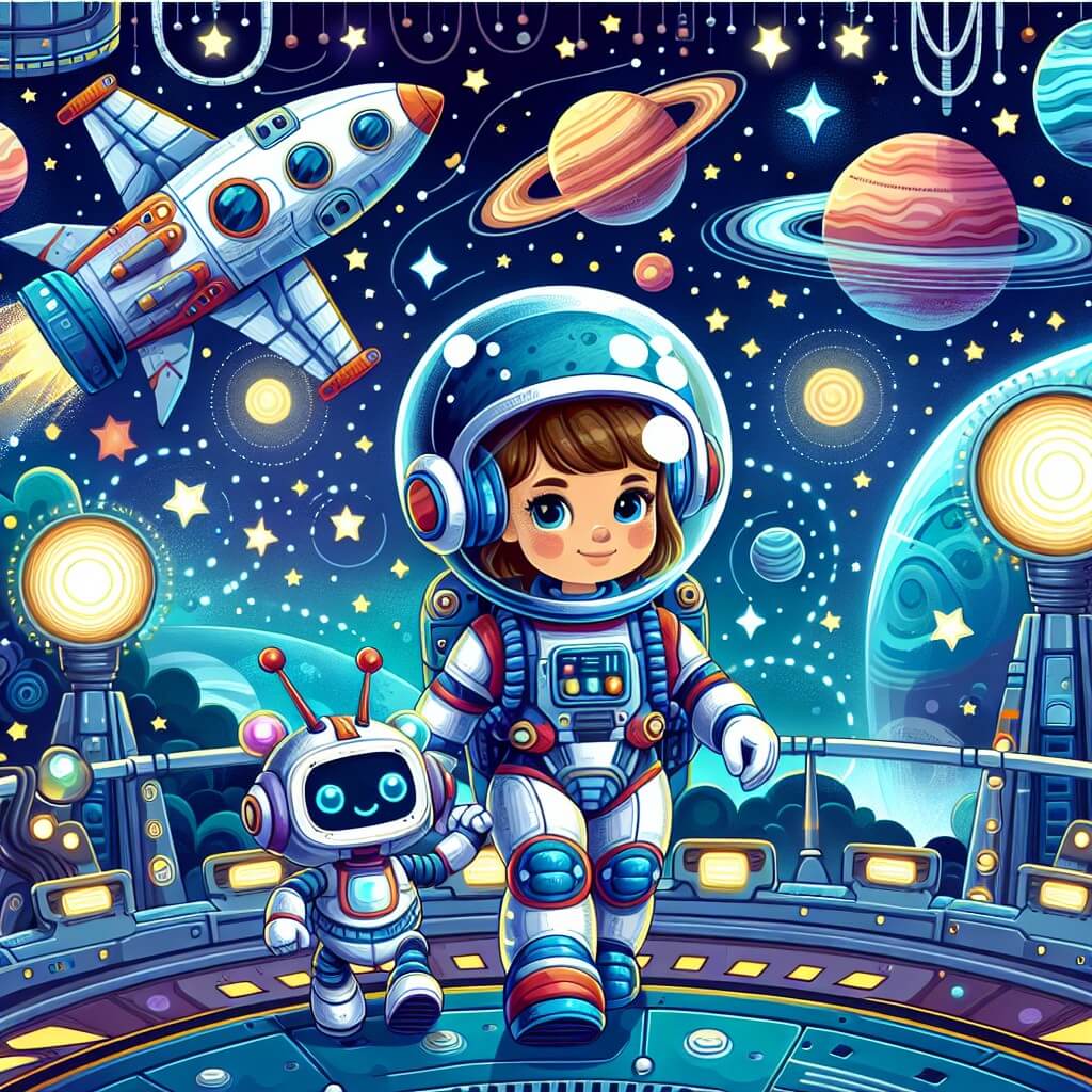 Une illustration destinée aux enfants représentant une astronaute courageuse et déterminée, accompagnée d'un petit robot curieux, explorant les mystères de l'espace à bord d'une station spatiale futuriste entourée d'étoiles scintillantes et de planètes colorées.