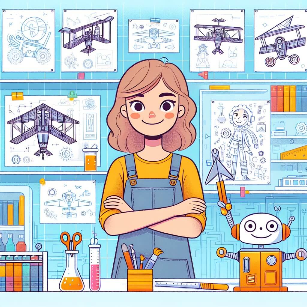 Une illustration destinée aux enfants représentant une jeune femme pleine de créativité, entourée de dessins de machines volantes et d'outils, avec un petit robot enjoué à ses côtés, dans un laboratoire lumineux rempli d'étagères remplies de pièces colorées et de livres de sciences.