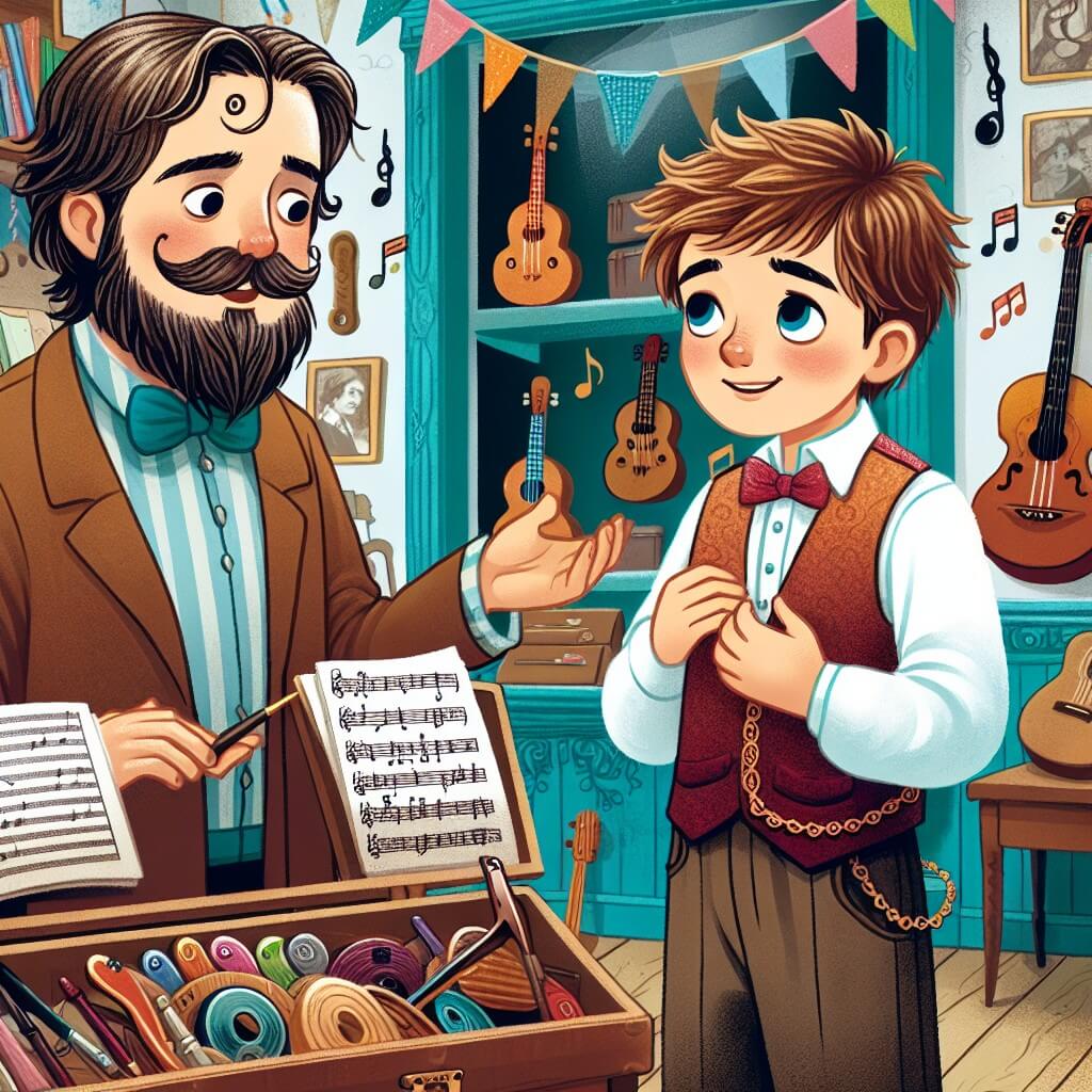 Une illustration destinée aux enfants représentant un jeune homme passionné par la musique, rêvant de devenir un célèbre chanteur, accompagné de son professeur de musique, dans une petite boutique aux murs colorés remplie d'instruments et de partitions, où ils se rencontrent pour la première fois.