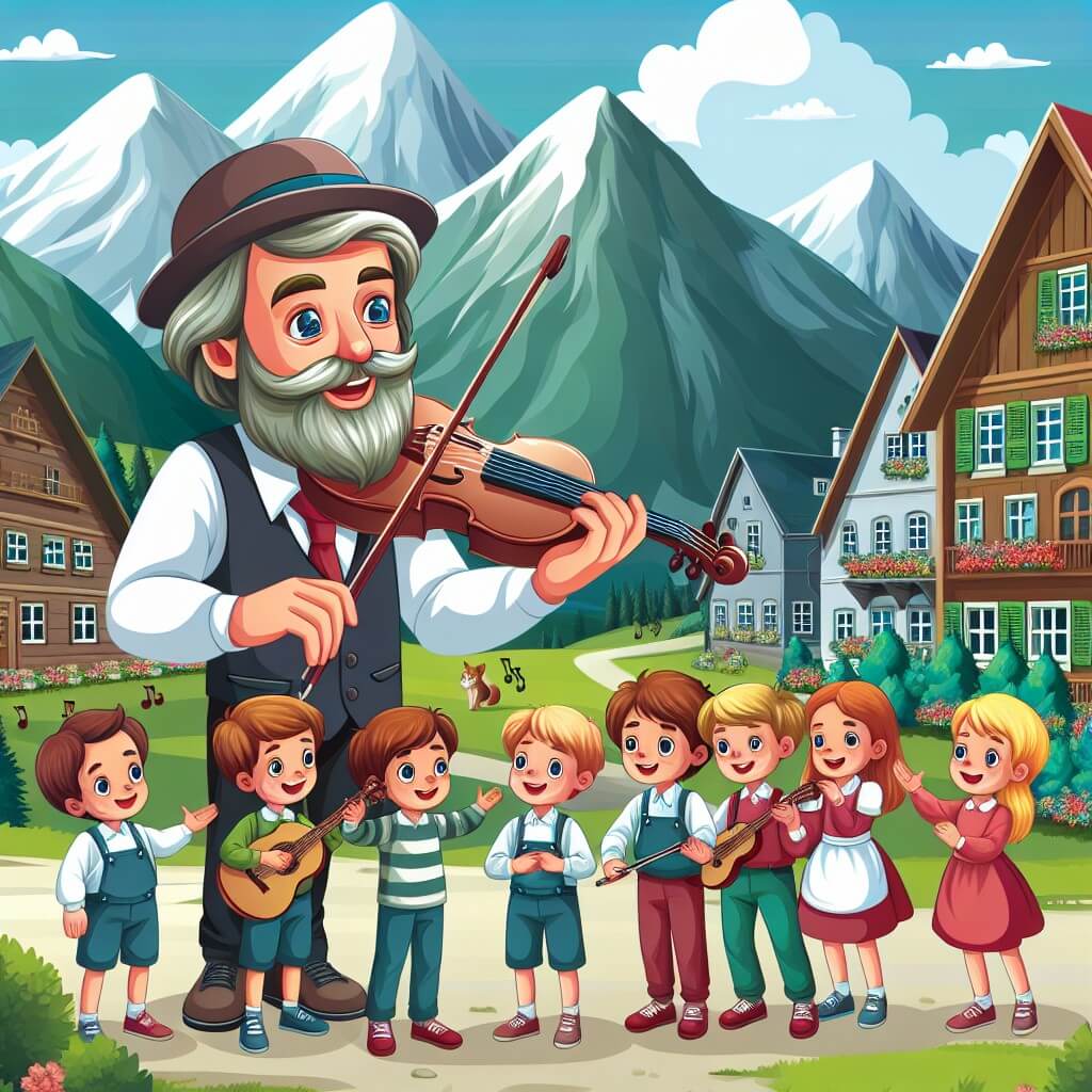 Une illustration destinée aux enfants représentant un homme passionné de musique, entouré d'enfants talentueux, dans un petit village pittoresque niché au pied de majestueuses montagnes verdoyantes.