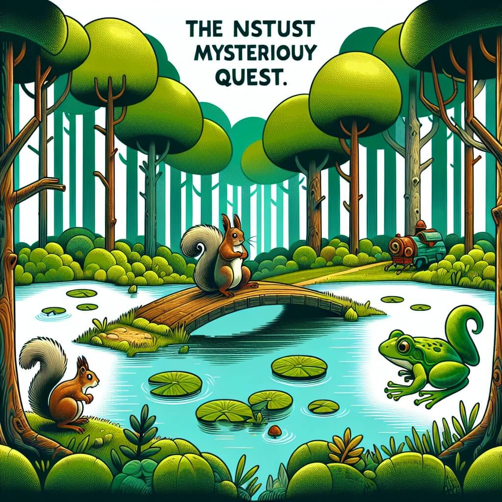 Une illustration destinée aux enfants représentant une grenouille curieuse se retrouvant dans une quête mystérieuse accompagnée d'une ardilla, à travers un estanque entouré de grands arbres verdoyants.
