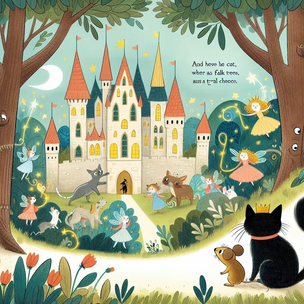 Une illustration destinée aux enfants représentant un chat curieux et aventurier, accompagné d'une souris intrépide, découvrant un mystérieux château enchanté au cœur d'une forêt magique, avec des arbres parlants, des animaux chantants et des fées virevoltantes.