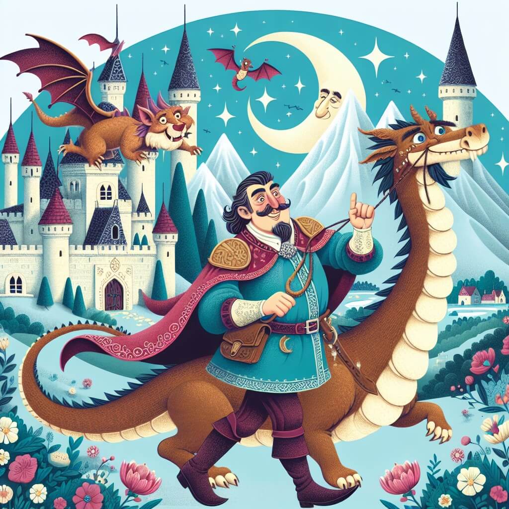 Une illustration destinée aux enfants représentant un prince courageux et plein d'humour, se lançant dans une aventure rigolote avec son fidèle compagnon, un dragon espiègle, dans un royaume enchanté où les châteaux brillent sous la lueur de la lune et les montagnes gardent des secrets magiques.