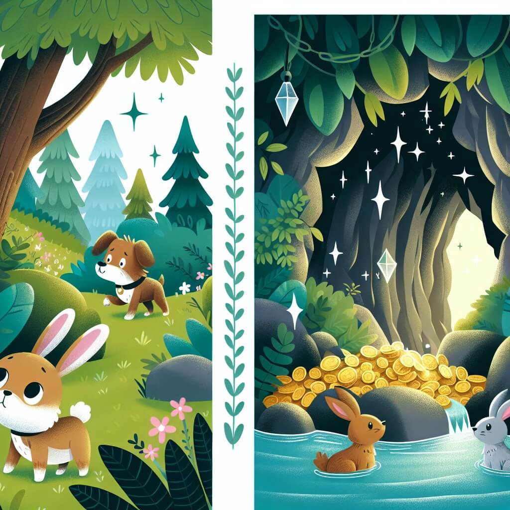 Une illustration destinée aux enfants représentant un chien aventurier, accompagné d'un petit lapin triste, explorant un mystérieux bosquet verdoyant et découvrant une ancienne grotte remplie de trésors étincelants.