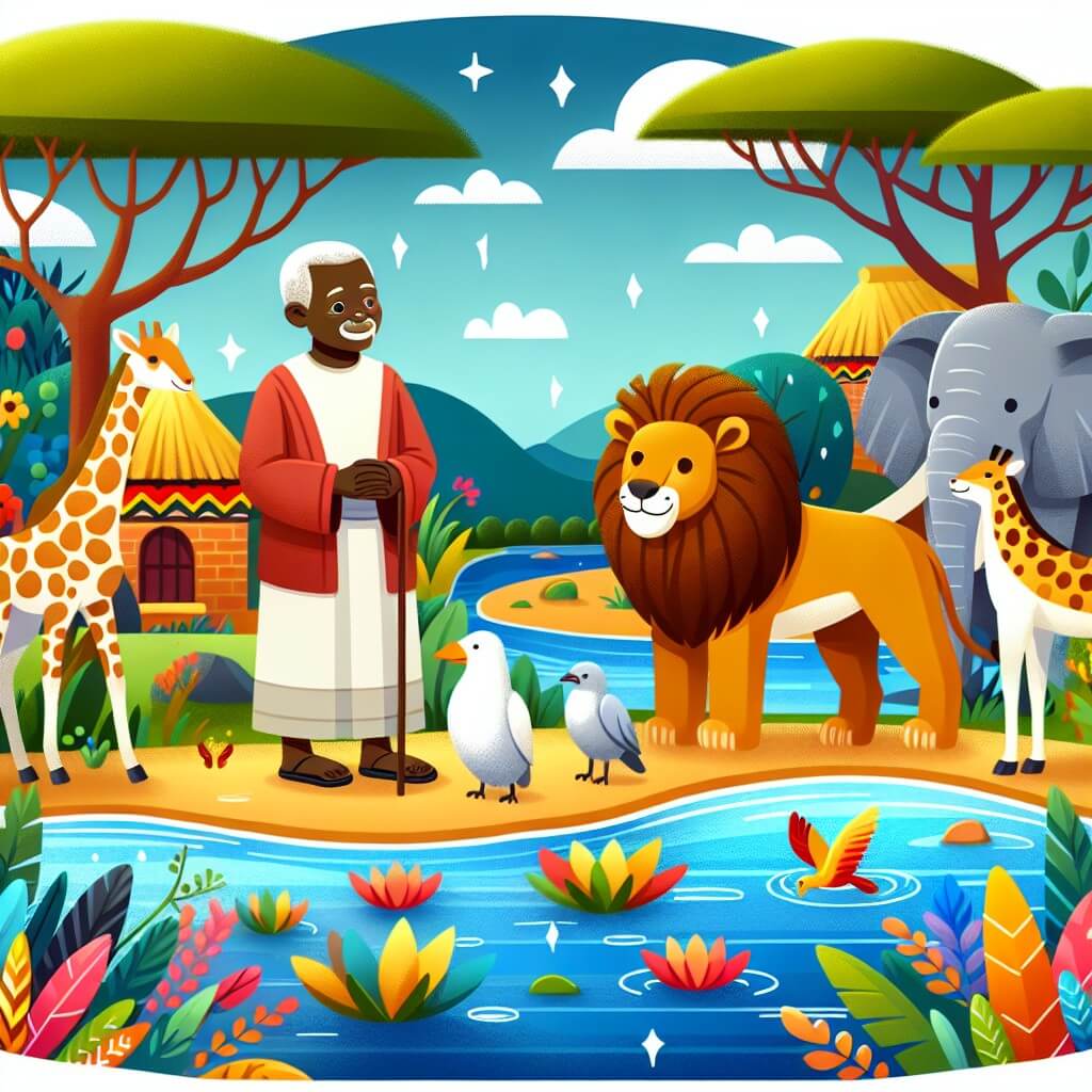 Une illustration destinée aux enfants représentant un homme sage et bienveillant, se tenant au bord d'une rivière étincelante, accompagné d'animaux majestueux, dans un village africain coloré et vibrant, où la diversité culturelle est célébrée.