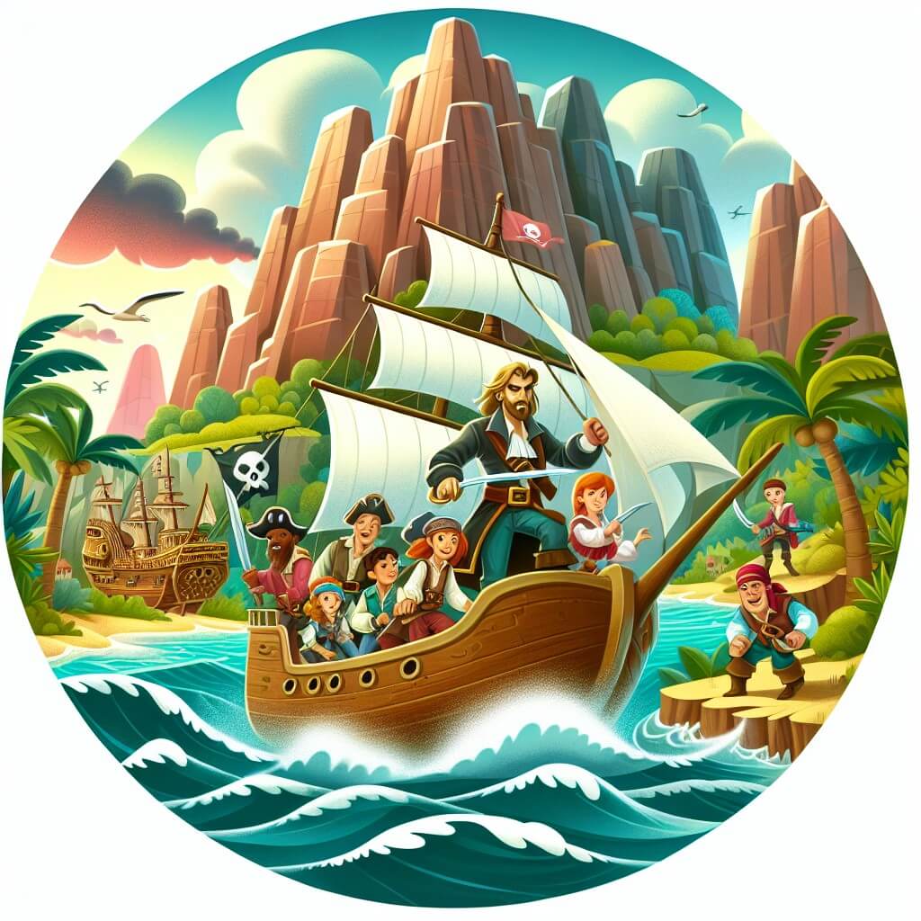 Une illustration destinée aux enfants représentant un homme courageux et intrépide, entouré d'une équipe de pirates, naviguant sur un majestueux navire à voiles, à la recherche d'un trésor caché, sur une île mystérieuse entourée de falaises escarpées et de végétation luxuriante.