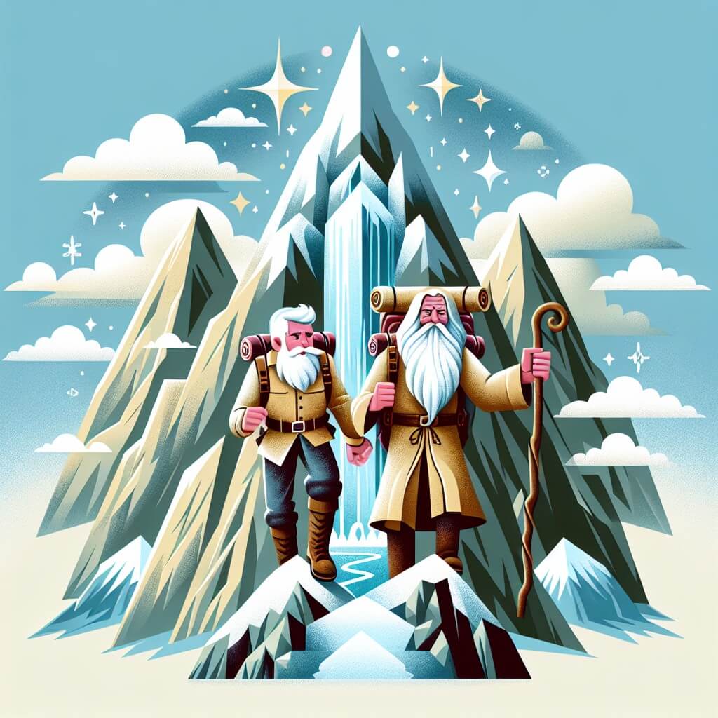 Une illustration destinée aux enfants représentant un homme courageux, vêtu d'une tenue d'explorateur, escaladant une montagne escarpée aux sommets enneigés, accompagné d'un sage ancien portant une longue barbe blanche, dans un paysage majestueux où les pics rocheux percent les nuages et une cascade magique illumine le sommet.