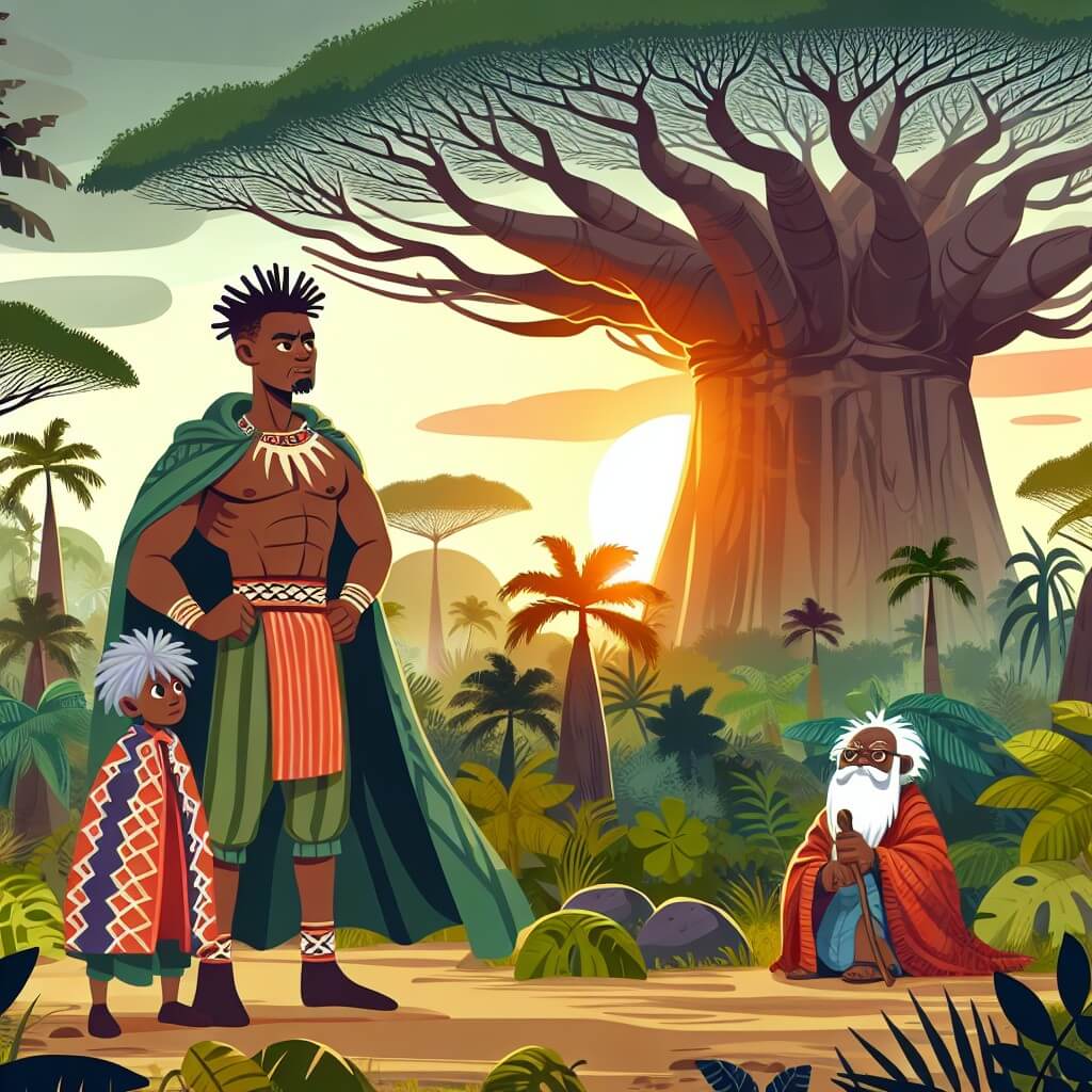 Une illustration destinée aux enfants représentant un homme courageux, se tenant devant un majestueux baobab au cœur de la luxuriante jungle africaine, accompagné d'un mystérieux ancien sage, éclairé par les derniers rayons du soleil couchant.