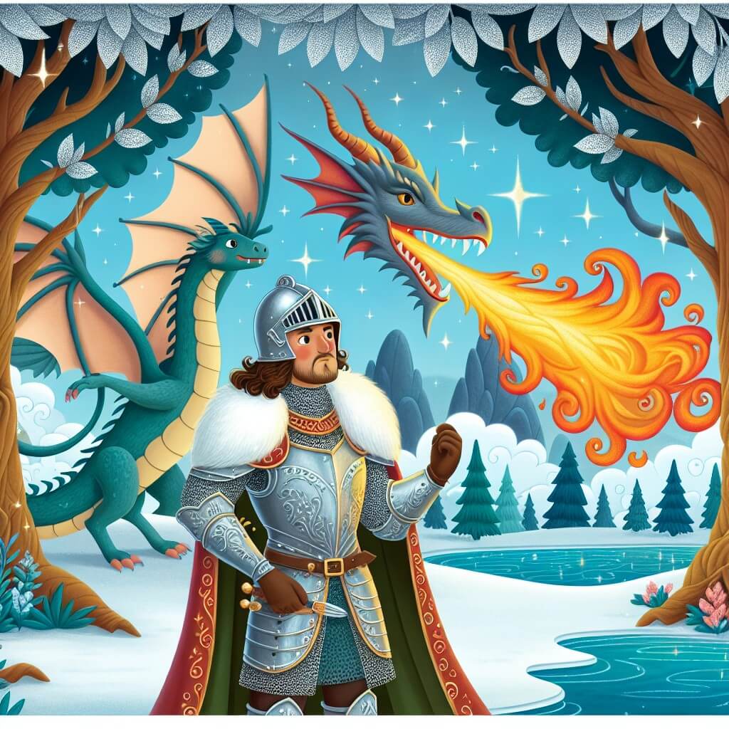 Une illustration destinée aux enfants représentant un homme courageux vêtu d'une armure étincelante, se tenant face à un dragon cracheur de feu, dans un paysage féerique où des arbres majestueux aux feuilles argentées se dressent autour d'un lac scintillant, créant une atmosphère envoûtante et mystérieuse.
