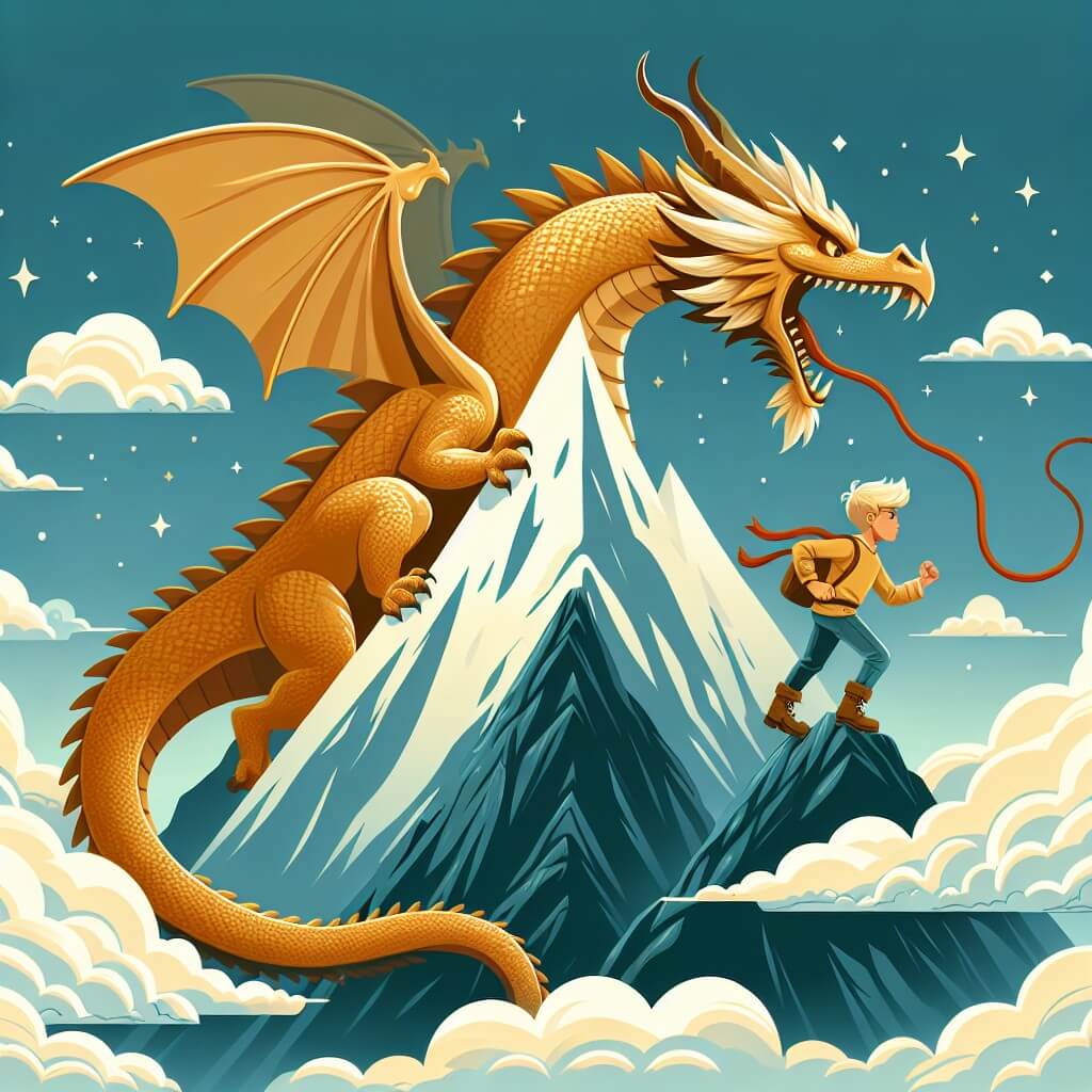Une illustration destinée aux enfants représentant un majestueux dragon doré, la situation principale d'une quête courageuse, un jeune aventurier intrépide, et un sommet escarpé d'une montagne mystérieuse entourée de nuages blancs et moelleux.