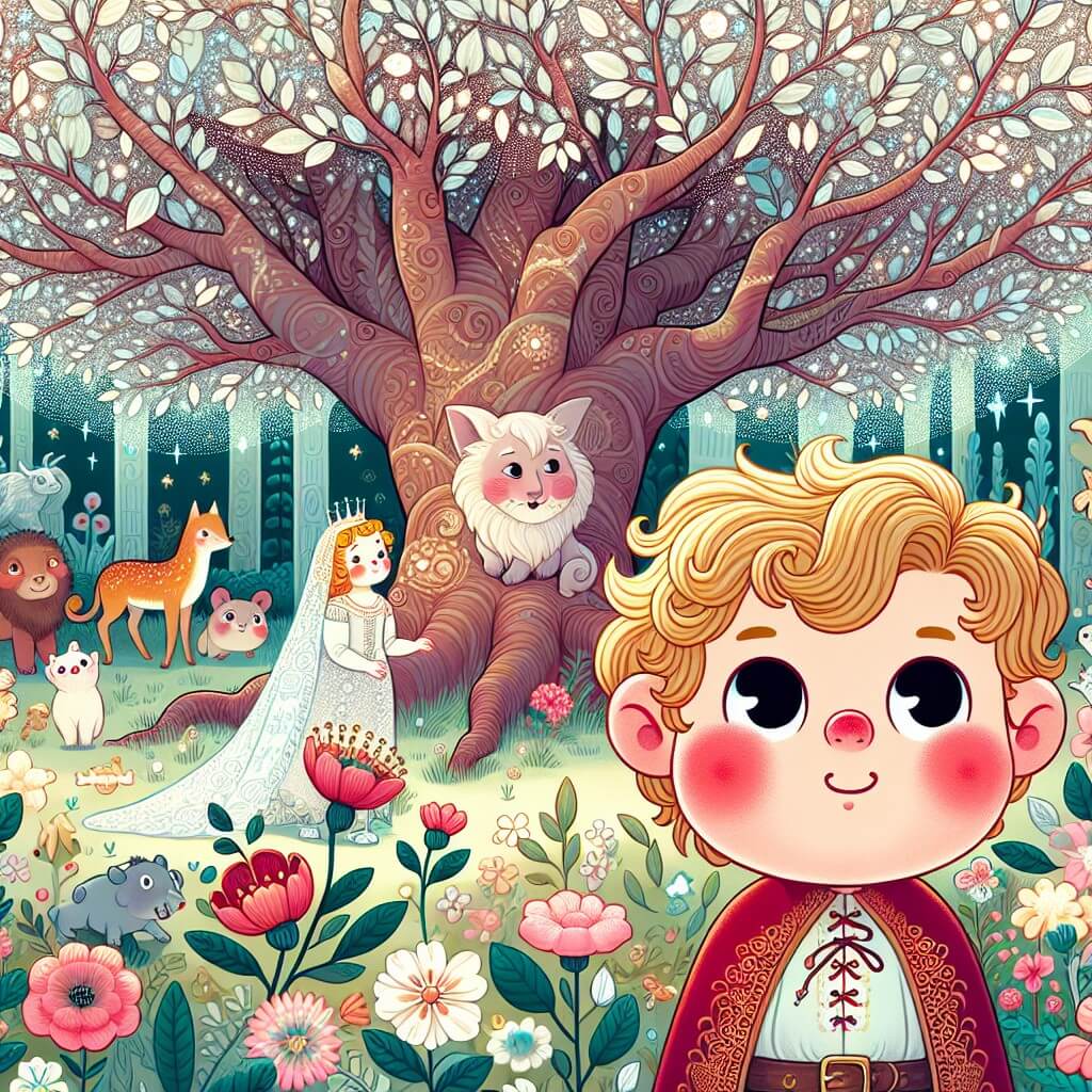 Une illustration destinée aux enfants représentant un petit garçon, les joues rougies par le mensonge, debout devant un arbre majestueux aux feuilles chatoyantes, dans un jardin enchanté rempli de fleurs colorées et d'animaux curieux.