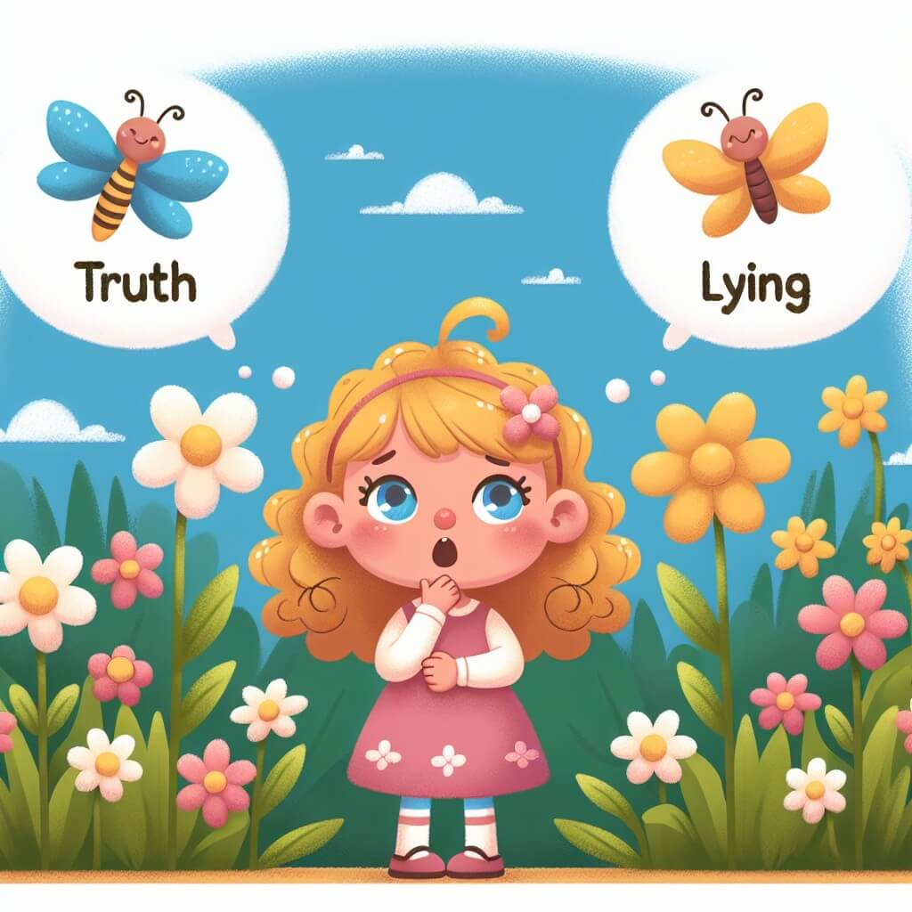 Une illustration destinée aux enfants représentant une petite fille aux boucles dorées, confrontée à un dilemme entre dire la vérité ou mentir, dans un paisible jardin fleuri où les papillons virevoltent joyeusement.