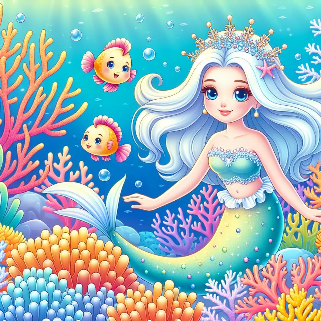 Une illustration destinée aux enfants représentant une élégante sirène, nageant gracieusement à travers les coraux chatoyants d'un récif coloré, accompagnée d'un petit poisson espiègle, dans le magnifique royaume sous-marin de Crystalia.