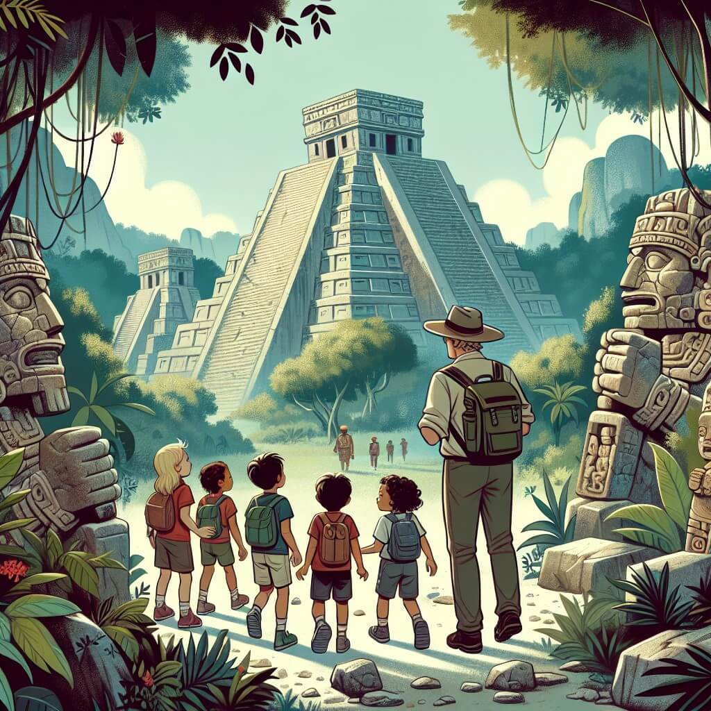 Une illustration destinée aux enfants représentant un homme passionné d'histoire et d'archéologie qui, accompagné d'un groupe de jeunes curieux, explore une ancienne cité maya, avec ses ruines majestueuses envahies par la végétation luxuriante, des temples imposants et des sculptures mystérieuses gravées dans la pierre.