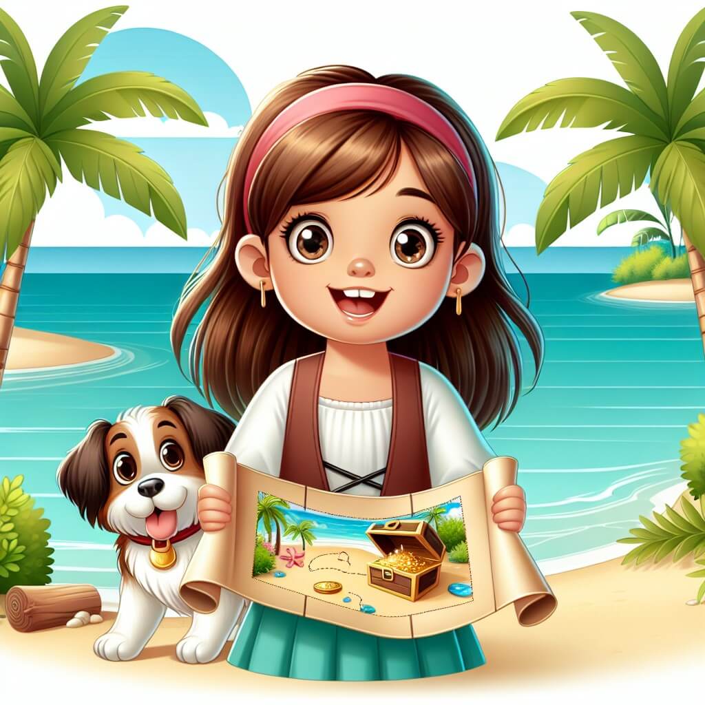 Une illustration destinée aux enfants représentant une petite fille aux cheveux bruns, les yeux brillants d'excitation, découvrant une mystérieuse carte au trésor sur une plage ensoleillée bordée de palmiers et d'eaux turquoises, accompagnée de son fidèle chien Toby.