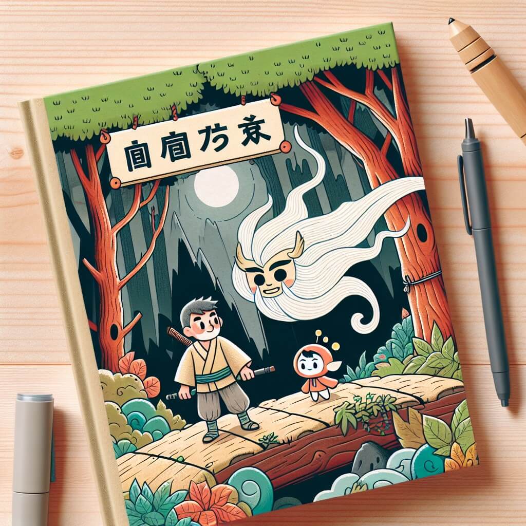 Une illustration destinée aux enfants représentant un homme curieux et courageux, accompagné d'un petit esprit du bois, se trouvant au cœur d'une forêt enchantée au Japon, où ils se lancent dans une quête pour trouver un trésor caché dans une mystérieuse grotte.