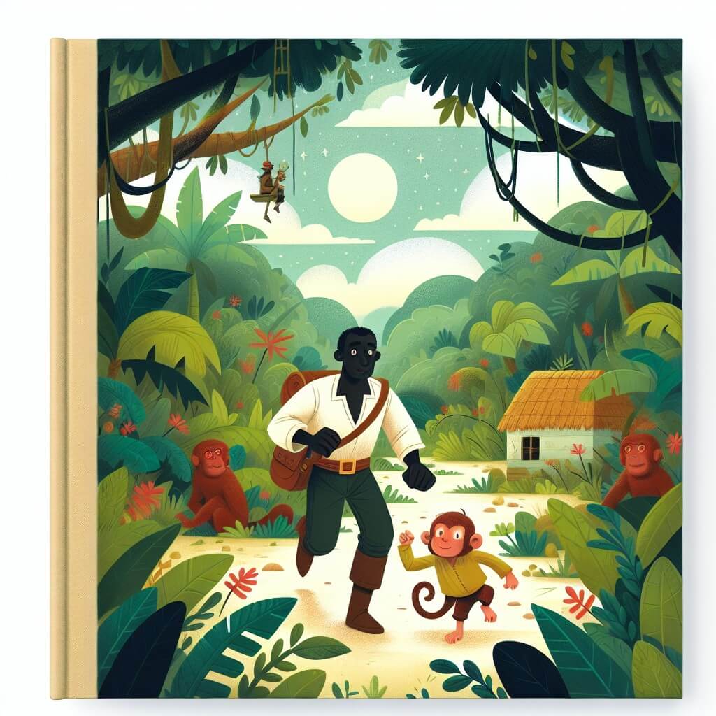 Une illustration destinée aux enfants représentant un homme courageux, entouré de la luxuriante végétation de la savane africaine, partant à l'aventure à la recherche d'un mystérieux trésor, accompagné d'un adorable singe malicieux, dans un petit village au cœur de l'Afrique.