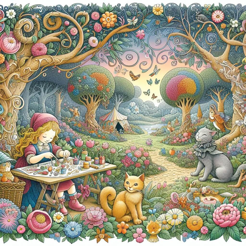 Une illustration destinée aux enfants représentant une petite fille pleine d'imagination, créant un cadeau spécial pour son papa, avec l'aide d'un mystérieux chaton, dans un jardin enchanté rempli de fleurs colorées et d'arbres majestueux.