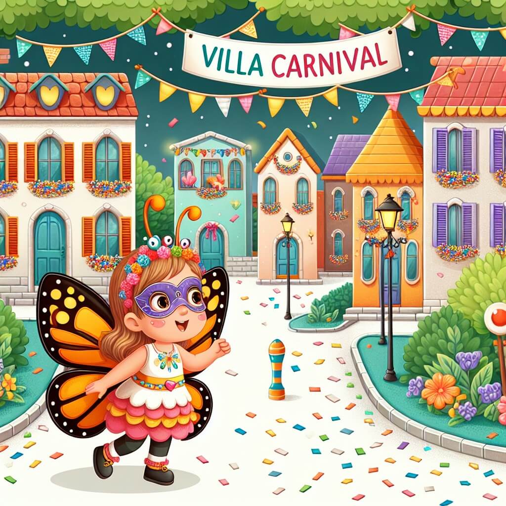 Une illustration destinée aux enfants représentant une petite fille vêtue d'un costume de mariposa, qui se retrouve mêlée à une aventure palpitante lors du carnaval de Villa Carnaval, un charmant village aux maisons colorées, aux rues pavées de confettis et aux arbres habillés de guirlandes scintillantes.
