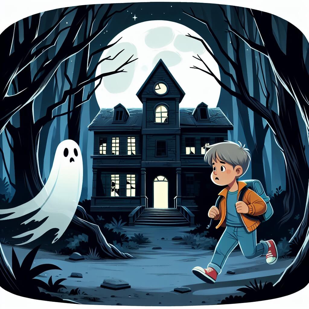 Une illustration destinée aux enfants représentant un petit garçon intrépide, se retrouvant face à un fantôme dans une école abandonnée, entourée de sombres bois mystérieux où les arbres semblent se pencher sinistrement vers le bâtiment délabré aux fenêtres brisées, éclairé seulement par une lune pleine qui projette une lumière pâle et effrayante.