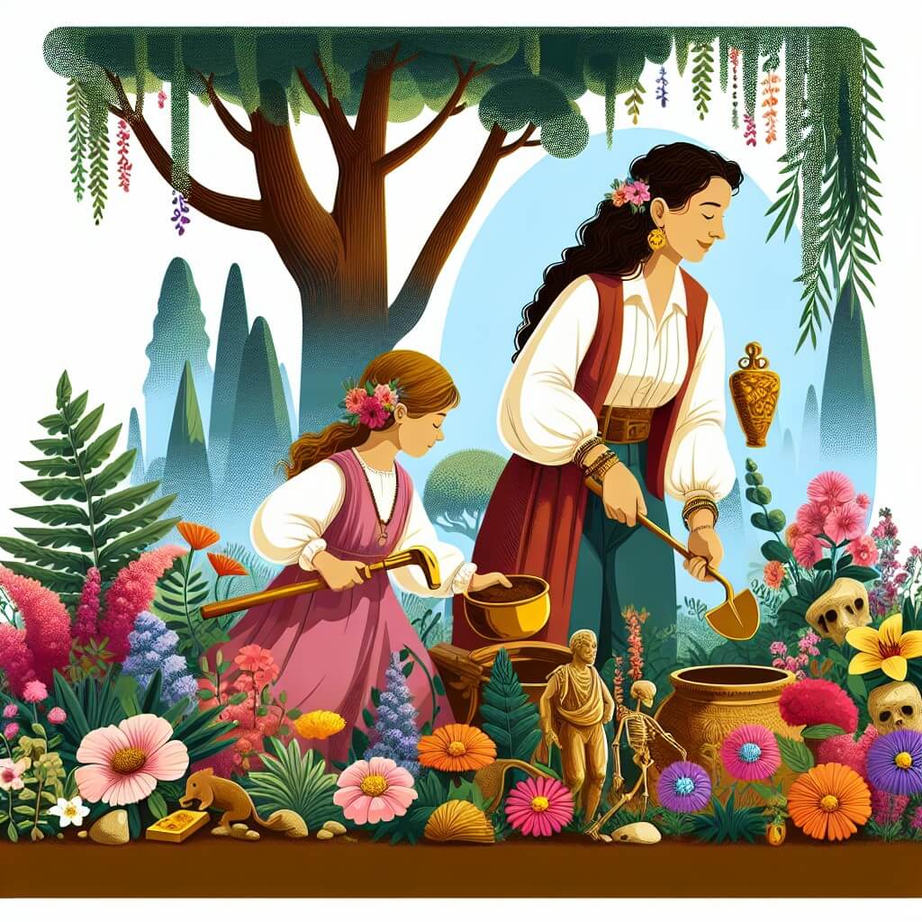 Une illustration destinée aux enfants représentant une jeune archéologue intrépide, accompagnée de sa maman, découvrant des trésors antiques dans leur jardin luxuriant rempli de fleurs colorées et d'arbres majestueux.