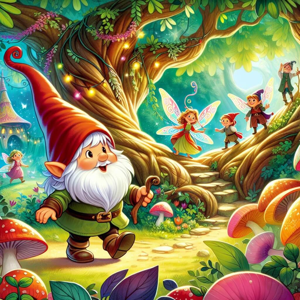 Une illustration destinée aux enfants représentant un lutin curieux et intrépide découvrant un monde enchanté en compagnie de ses amis, dans un somptueux et coloré royaume féérique niché au cœur d'un ancien arbre de roble aux branches tortueuses et aux feuilles d'un vert éclatant.