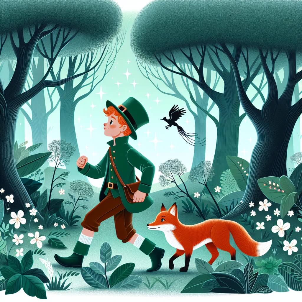 Une illustration destinée aux enfants représentant un lutin intrépide explorant une forêt enchantée, accompagné de son fidèle compagnon, un renard malicieux, dans un lieu où les arbres semblent danser au rythme des murmures de la nature et les fleurs brillent comme des étoiles chatoyantes.