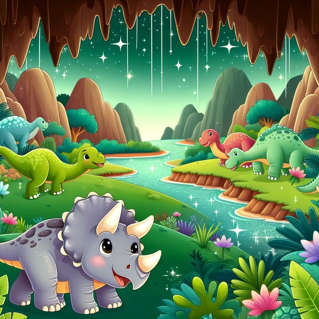 Une illustration destinée aux enfants représentant un tricératops curieux et aventurier, accompagné de ses amis, explorant une mystérieuse grotte dans un vaste et verdoyant vallée préhistorique remplie de rivières scintillantes et de plantes luxuriantes.