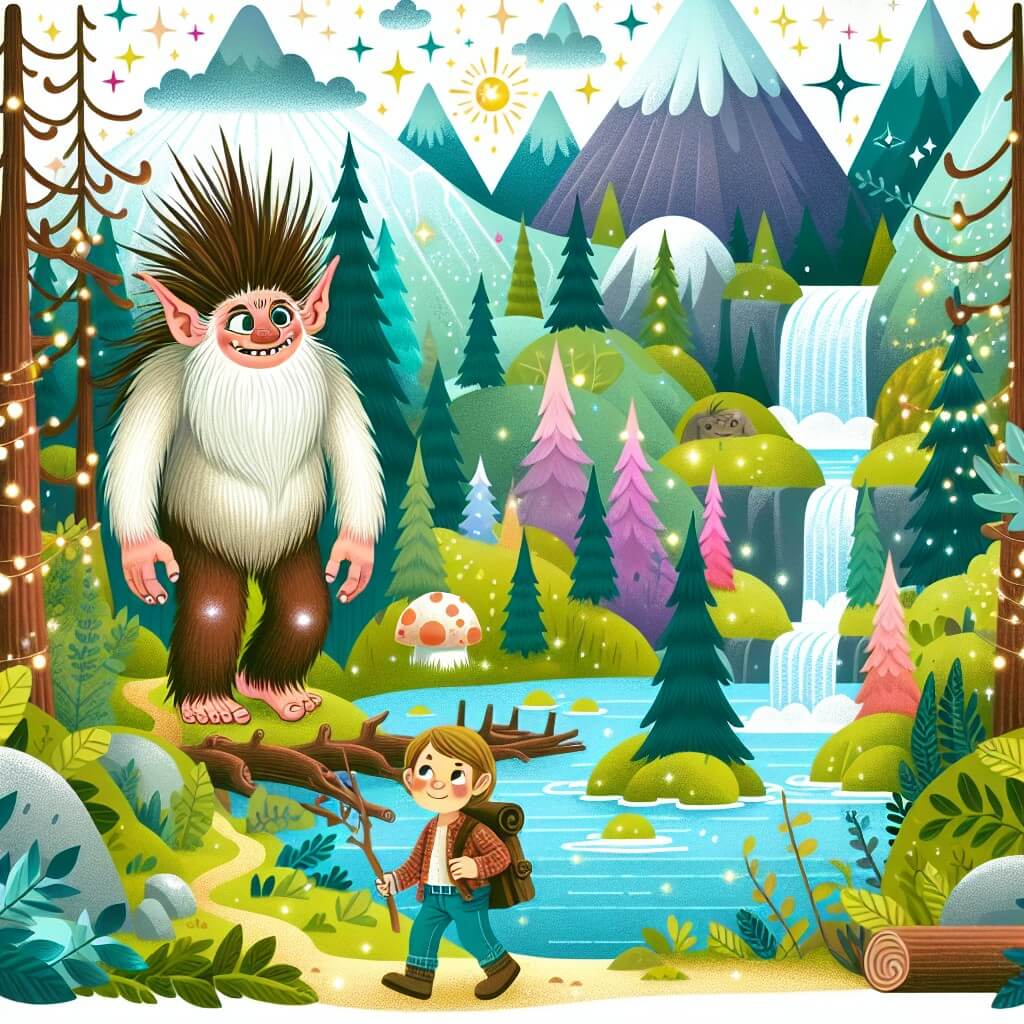 Une illustration destinée aux enfants représentant un troll curieux, accompagné d'un jeune garçon, explorant un monde enchanté rempli de forêts lumineuses, cascades scintillantes et montagnes majestueuses.