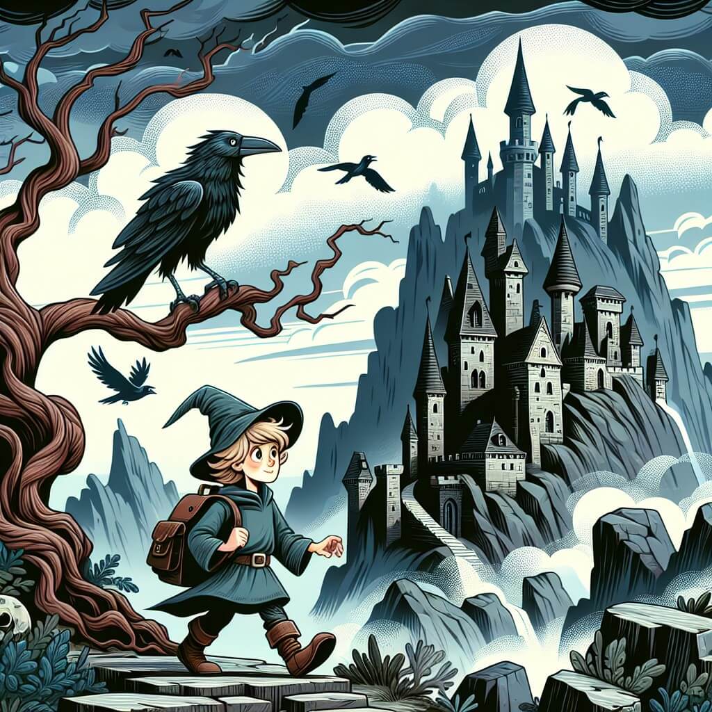 Une illustration destinée aux enfants représentant un jeune sorcier talentueux et curieux, accompagné de son fidèle corbeau, explorant un ancien château hanté situé au sommet d'une montagne escarpée, entouré de brumes mystérieuses et d'arbres noueux aux branches tordues.