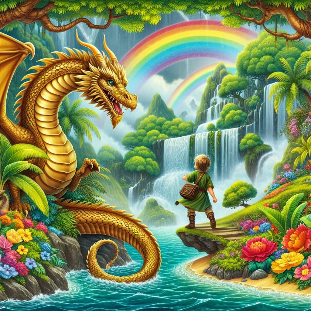Une illustration destinée aux enfants représentant un magnifique dragon doré, plongé dans une aventure magique avec son jeune ami, à la recherche d'un trésor perdu sur une île luxuriante, où des arbres exotiques et des fleurs colorées dansent sous les arcs-en-ciel qui se reflètent dans les eaux cristallines d'une cascade enchantée.