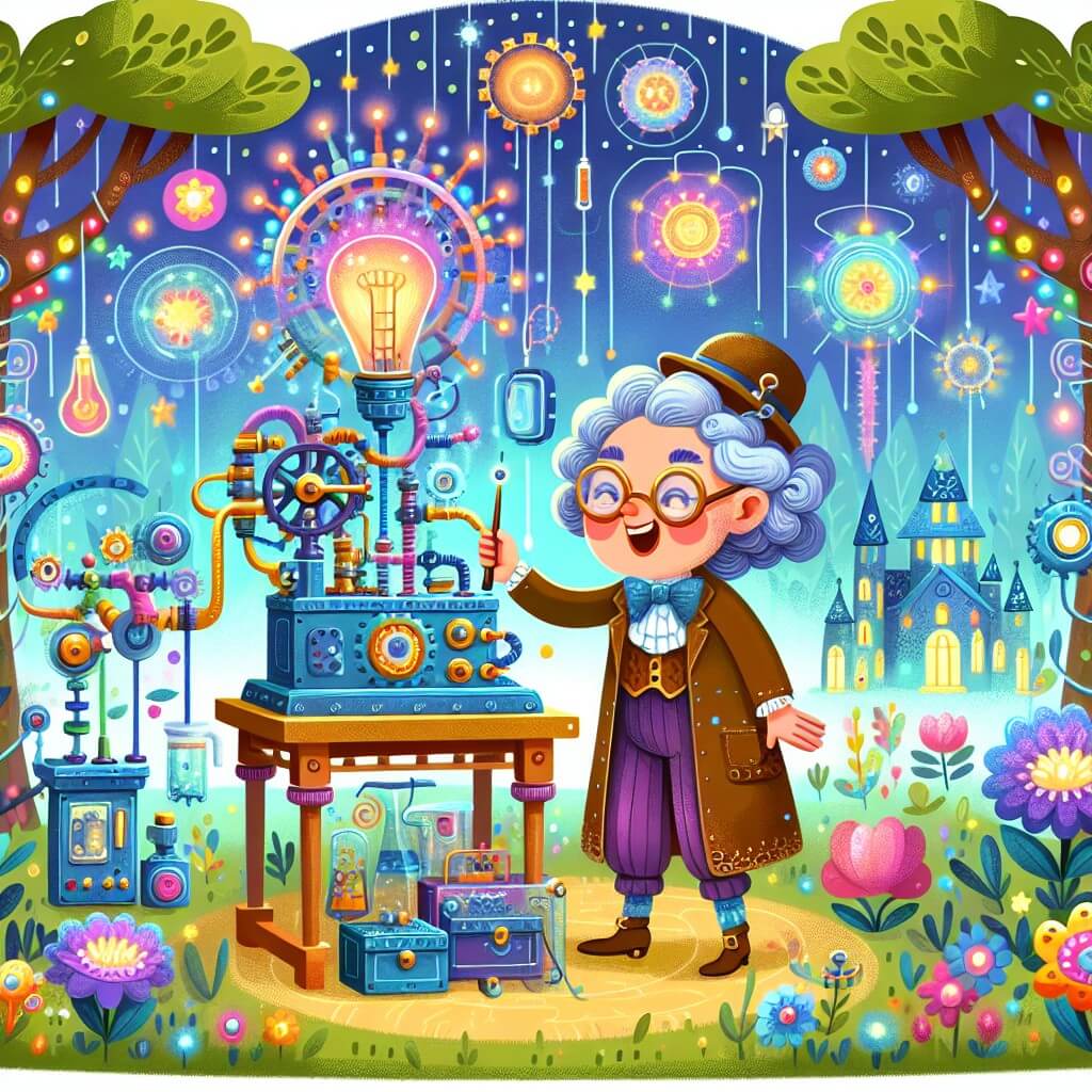 Une illustration destinée aux enfants représentant une femme inventrice excentrique, entourée de gadgets farfelus, faisant une démonstration de sa machine magique dans un parc enchanteur rempli d'arbres colorés et de fleurs lumineuses.