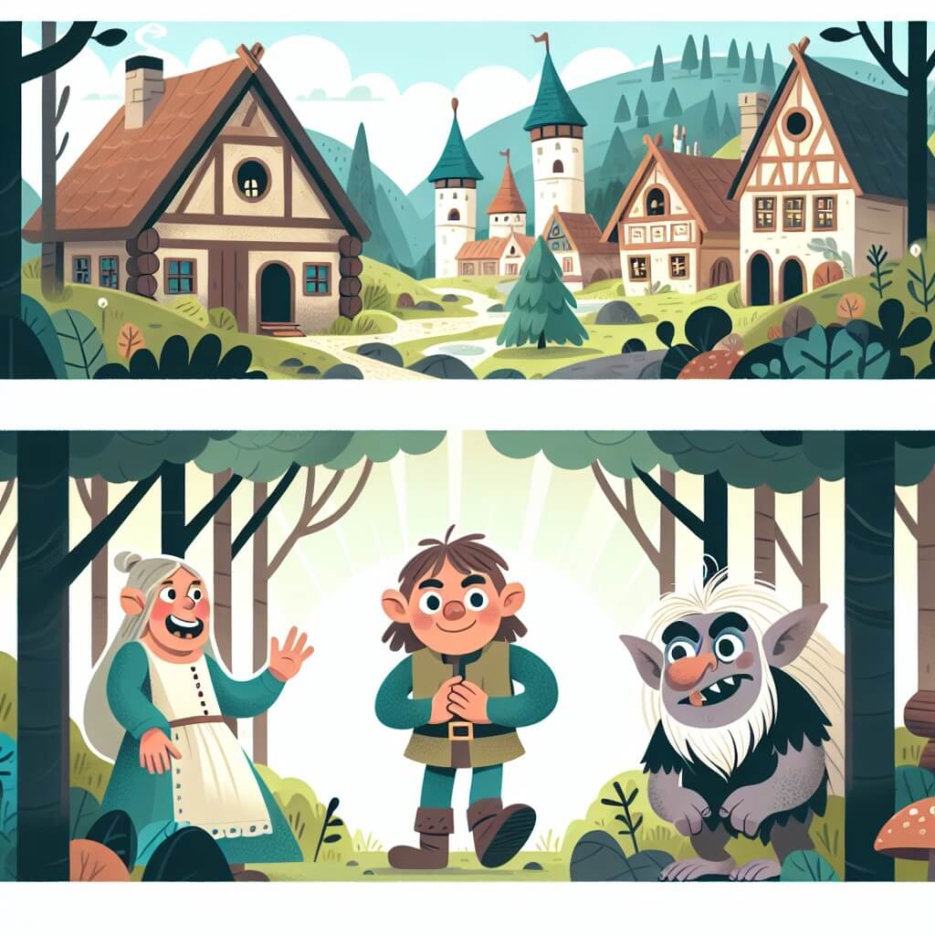 Une illustration destinée aux enfants représentant un troll malicieux, une petite ville paisible, un enfant aventurier et une rencontre inattendue dans une forêt enchantée.
