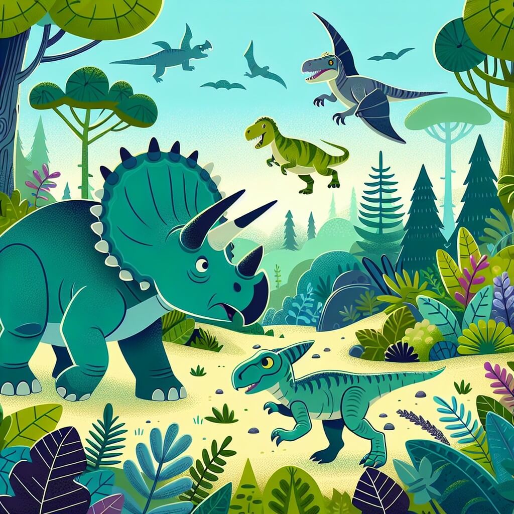 Une illustration destinée aux enfants représentant un majestueux tricératops, au cœur d'une aventure palpitante, accompagné d'un adorable velociraptor, dans un luxuriant et mystérieux bosquet préhistorique.