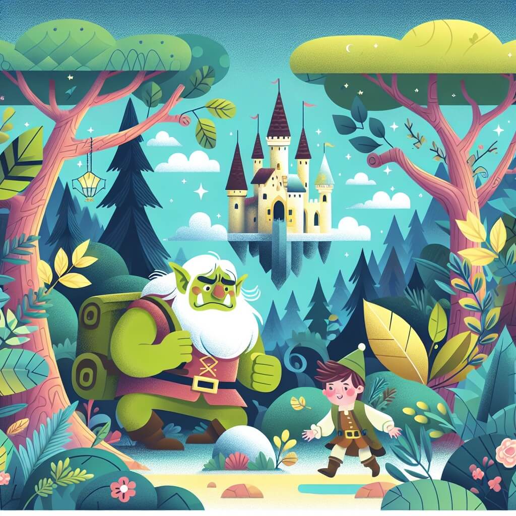 Une illustration destinée aux enfants représentant un ogre prisonnier dans une forêt enchantée, avec un jeune garçon courageux qui décide de l'aider à s'échapper, et un magnifique château flottant dans le ciel où se dérouleront des aventures magiques.