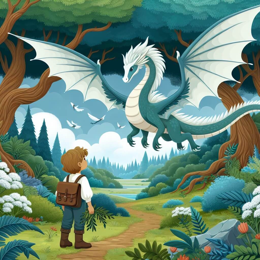 Une illustration destinée aux enfants représentant un majestueux dragon ailé, perdu dans une forêt enchantée, rencontrant un jeune explorateur curieux, dans un paysage luxuriant où les arbres semblent danser au rythme de la magie.