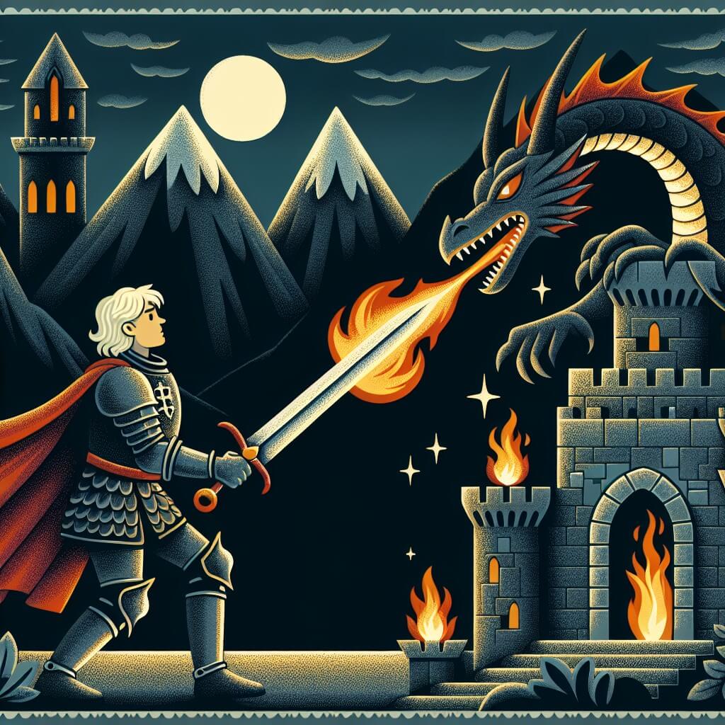 Une illustration destinée aux enfants représentant un courageux chevalier, armé d'une épée étincelante, affrontant un redoutable dragon cracheur de flammes dans un sombre et mystérieux château perché au sommet d'une montagne escarpée.