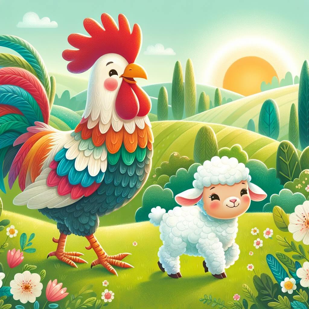 Une illustration destinée aux enfants représentant un fier coq aux plumes multicolores, se tenant au milieu d'une ferme pittoresque, accompagné d'une adorable petite brebis égarée, tandis que le soleil se lève doucement derrière les collines verdoyantes.