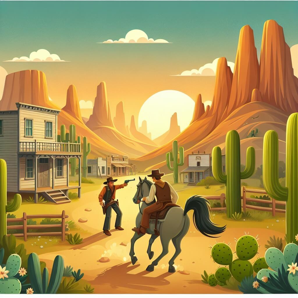 Une illustration destinée aux enfants représentant un cow-boy courageux à cheval, affrontant des bandits dans un paisible village du Far West, entouré de montagnes majestueuses, de cactus géants et baigné par le doux coucher de soleil doré.
