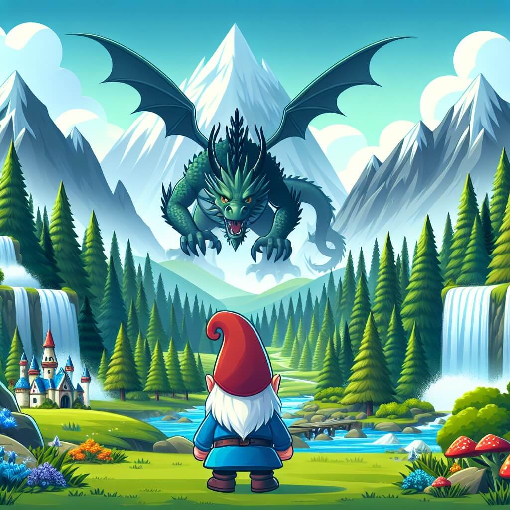 Une illustration destinée aux enfants représentant un lutin courageux et intrépide, se trouvant face à un dragon majestueux, dans un vaste royaume enchanté rempli de forêts luxuriantes, de cascades scintillantes et de montagnes imposantes.
