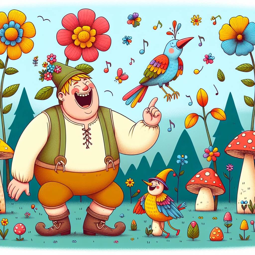 Une illustration destinée aux enfants représentant un géant joyeux et maladroit qui fait des blagues avec son ami, un petit oiseau coloré, dans un jardin enchanté rempli de fleurs géantes, champignons rigolos et arbres dansants.