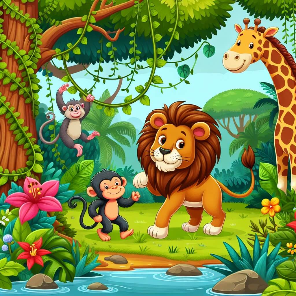 Une illustration destinée aux enfants représentant un lion courageux et maladroit, accompagné d'un singe facétieux et d'une girafe élégante, dans une jungle luxuriante remplie de lianes, d'arbres majestueux et de fleurs colorées.